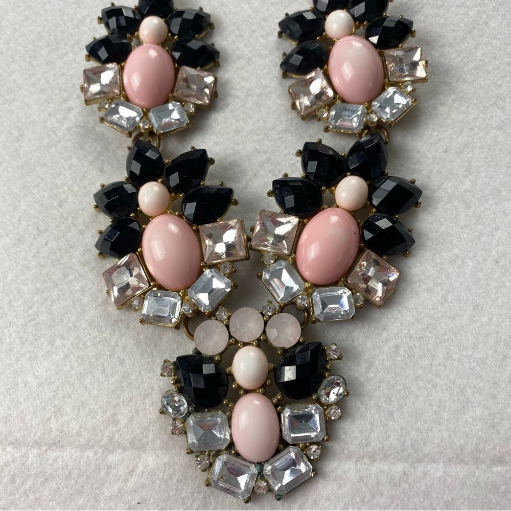 Elegant Pink and Black Statement Necklace Gold tone Cabochon Faceted Bib 22”